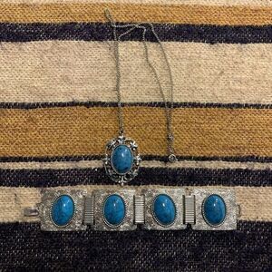 vintage faux turquoise necklace‎ Bracelet Silver Bundle Set Western Pendent Boho